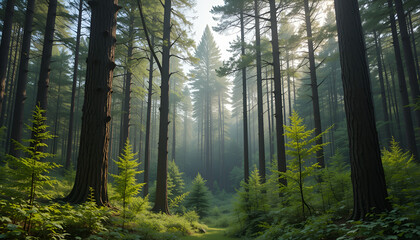 Obraz premium The forest has young trees, big trees, and wide and tall forests.