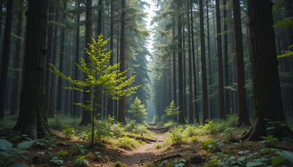 Obraz premium The forest has young trees, big trees, and wide and tall forests.