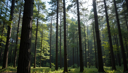 Obraz premium The forest has young trees, big trees, and wide and tall forests.