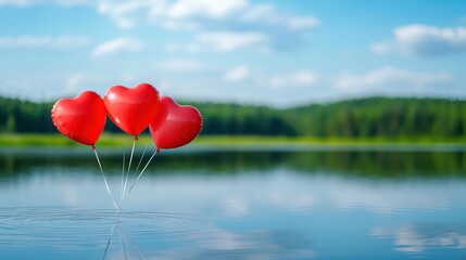 Fototapeta premium Three Red Heart Balloons Float Gently On Calm Water