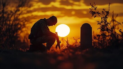 A solemn silhouette of a soldier kneeling by a grave, the warm hues of a breathtaking sunset casting long shadows, soft golden light illuminating the scene, deep emotional storytelling,