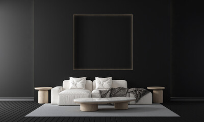 Home and decor and modern black living room interior design and cozy sofa and decoration wall and dark wood floor background. 3D rendering.