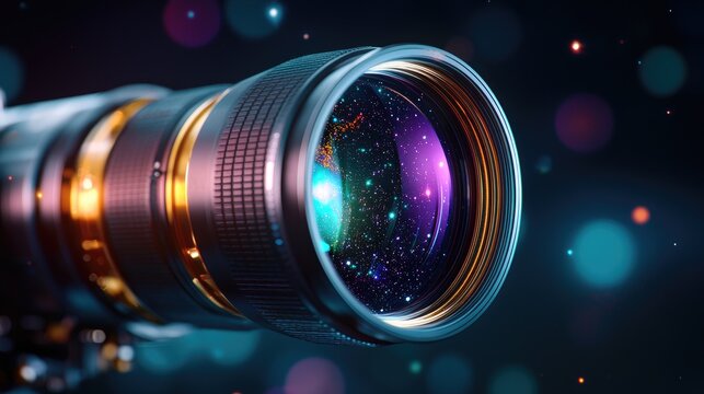 Closeup of futuristic camera lens, cosmic bokeh background. Possible stock photo use