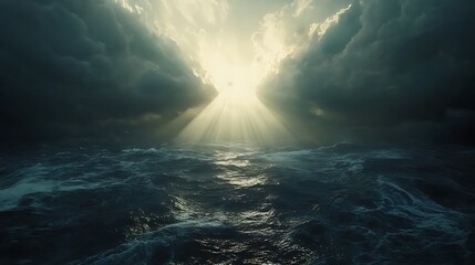 A beam of sunlight piercing through dark storm clouds over a chaotic ocean, creating a dramatic contrast of light and shadow.