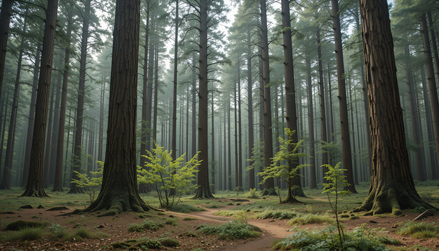 The forest has young trees, big trees, and wide and tall forests.