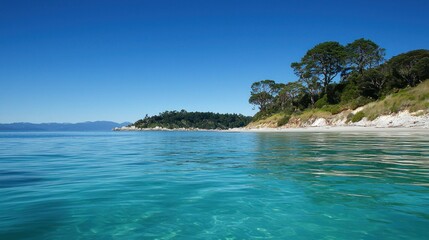 Turquoise coastal beach, tranquil scene, clear water, distant island