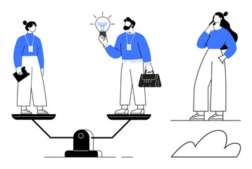 Business people balance on scales, one with a lightbulb and briefcase, another with a folder. Third person thinking. Ideal for teamwork, balance, innovation, decision-making, equality business