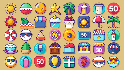 Obraz premium Colorful beach icon vector such as sailboats, beach balls, sun, waves, and more. Perfect for web design, mobile apps, promotional materials, or infographic
