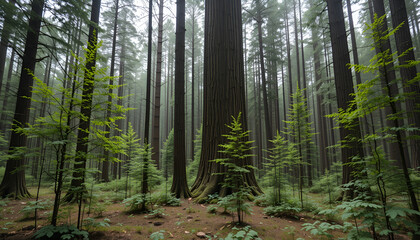 Obraz premium The forest has young trees, big trees, and wide and tall forests.