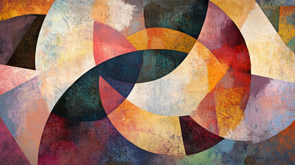 Digital abstract art, overlapping geometric shapes with natural imperfections, textured brushwork