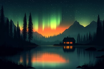 Obraz premium Majestic northern lights over tranquil lake surrounded by forested mountains, evoking awe and harmony in ethereal arctic illustration