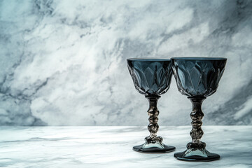 Two elegant, vintage-style goblets with intricate designs on a marble surface, set against a textured marble background.