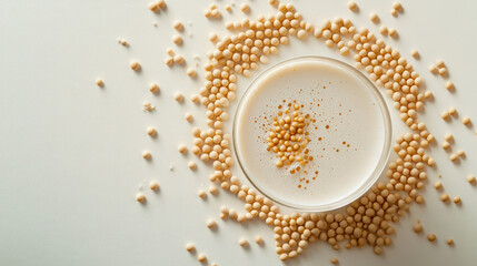 refreshing concept with soy milk in glass surrounded by soybeans, showcasing healthy and nutritious beverage option. Perfect for plant based diets and wellness enthusiasts