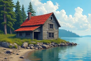 Obraz premium Rustic Lakeside Cabin with Red Roof on a Sunny Day