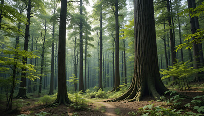 Obraz premium The forest has young trees, big trees, and wide and tall forests.