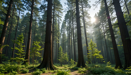Obraz premium The forest has young trees, big trees, and wide and tall forests.