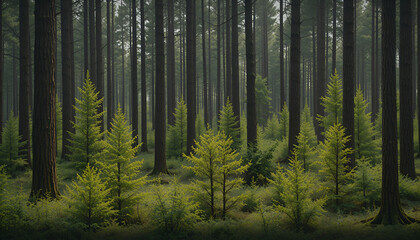 The forest has young trees, big trees, and wide and tall forests.