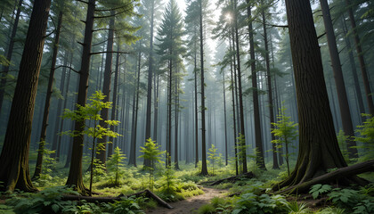 The forest has young trees, big trees, and wide and tall forests.