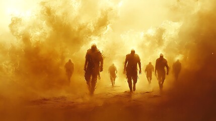 Fototapeta premium A surreal depiction of warriors from different centuries dissolving into time as they march forward, dust and mist swirling, warm golden hues, ultra-sharp details, emotional and symbolic composition,