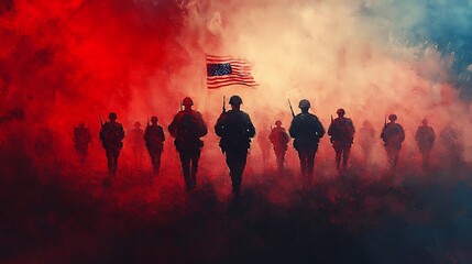 Fototapeta premium A surreal interpretation of soldiers walking forward, their figures dissolving into red, white, and blue brushstrokes, the American flag blending seamlessly into their movements, emotional depth,