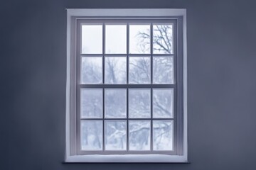 Fototapeta premium Window pane showing a winter landscape outside a building