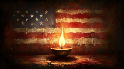 A symbolic representation of sacrifice, the eternal flame burning against a textured background featuring the faded American flag, soft lighting, atmospheric depth, stunning ultra-HD realism,