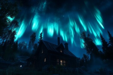 Obraz premium Northern lights illuminating a dark winter cabin in a forest surrounded by dense trees under a star filled sky, creating an ethereal and tranquil Arctic atmosphere