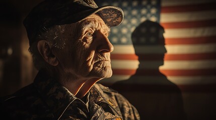 A touching moment of an elderly veteran looking at his own shadow, which appears as his younger self in military uniform, American flag waving behind him, golden hour lighting, cinematic framing,