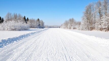 Fototapeta premium Snowy winter road, trees, clear sky, cross-country skiing