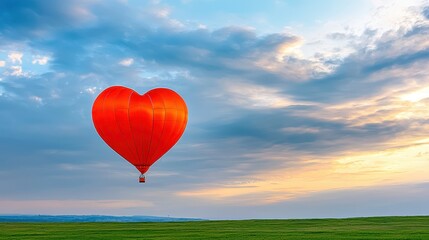 Obraz premium Red heart shaped hot air balloon floats above green field