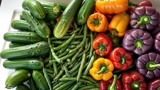 Vibrant Arrangement of Fresh Organic Vegetables Including Cucumbers, Bell Peppers, and Green Beans Showcasing Colorful Produce for Healthy Eating Concept