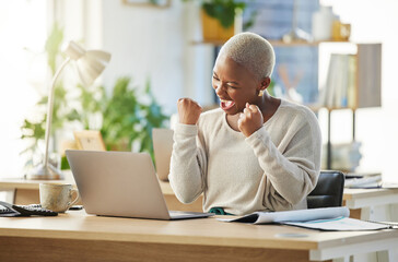 Business, laptop and black woman in office, celebration and excited with funding approval for...