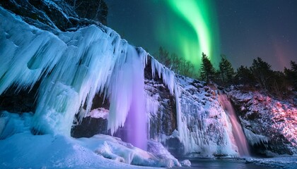 Exploring the Surreal Beauty of a Frozen Waterfall with Icicles Glistening Under the Soft Glow of Aurora Borealis