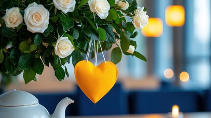 White roses and a yellow heart adorn a tranquil scene