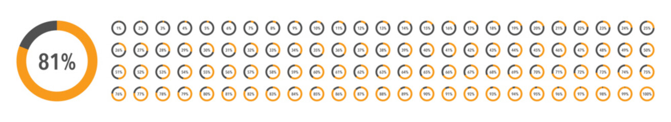 Set of round orange infographic pie charts, template segment of circle icons 0% - 100%, simple flat design loading data interface elements app button ui ux web, vector isolated on white background © aiconslab
