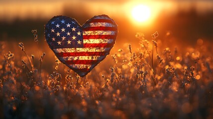Fototapeta premium A vibrant heart-shaped American flag with vintage fabric textures, gently rippling in the wind, golden sunlight casting a soft glow, blurred background of a peaceful countryside, high-detail realism,