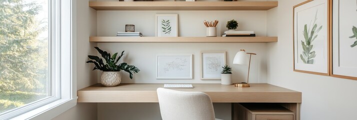 Light and airy home office workspace with wooden shelves and desk