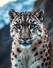 Obraz premium Detailed Close Up of Male Snow Leopard with Rosettes and Intense Gaze