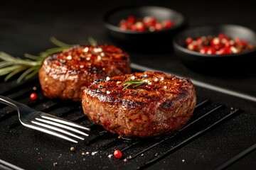 Grilled steaks, rosemary, pepper, dark background, food photography
