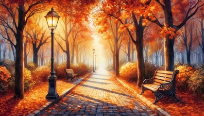 watercolor painting park autumn pathway walkway benches trees orange yellow fog mist serene relaxing quiet romantic