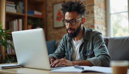 Focused Man Working on Laptop at Home