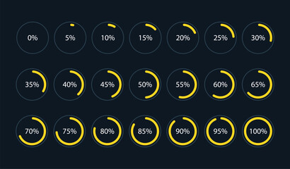 Set of round yellow infographic pie charts, segment of circle icons 0% - 100%, simple flat design loading data interface elements app button ui ux web, vector isolated on dark background