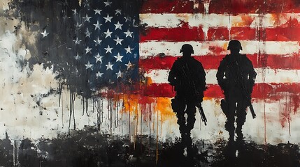An abstract vision of the American flag painted in bold, expressive brushstrokes, silhouettes of soldiers emerging from the colors, high-definition detail, rich symbolism, dramatic lighting,