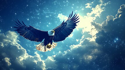 Obraz premium An artistic depiction of a bald eagle in flight, wings forming a perfect American flag silhouette against a bright blue sky, clouds shaped like stars, stylized yet realistic, hyper-detailed feathers,