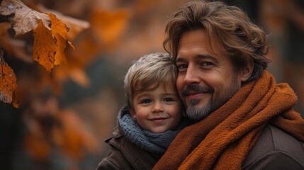 Father and son autumn park portrait, fall leaves