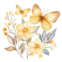 Elegant Yellow Gold Floral Watercolor with Butterfly Perfect for Wedding Invitations Branding and Luxury Products