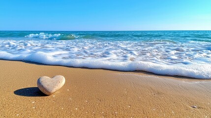 Obraz premium Heart shaped stone rests on sandy beach near ocean waves