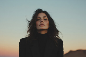 Fashion model posing at sunset with freckles showing and wind blowing hair