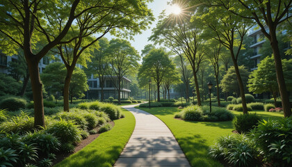 Obraz premium Beautiful urban park with lush greenery, pathways, and sunlight filtering through trees, surrounded by modern apartment buildings.
