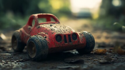 A childhood toy covered in dust, with the background fading into a blur of forgotten years.